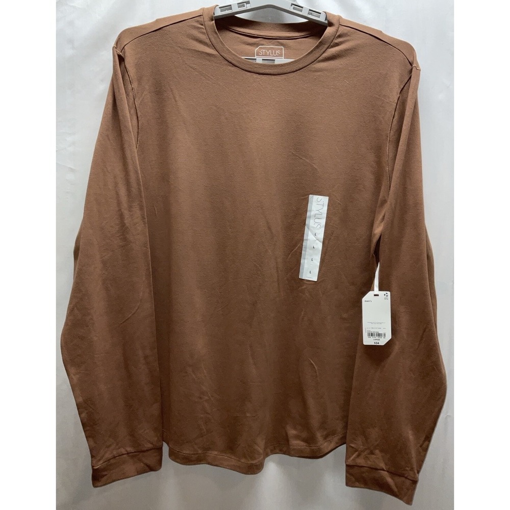 NWT Men's Stylus Crew Neck Long Sleeve‎ Stretch Cotton T-Shirt Carob Brown Large